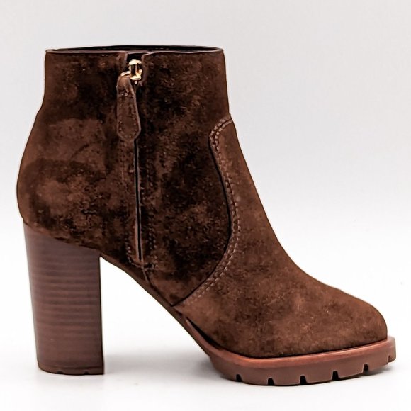 Tory Burch Women Sofia 85 Lug Sole T Logo Heeled Brown Suede Boots size 5 - Picture 7 of 11